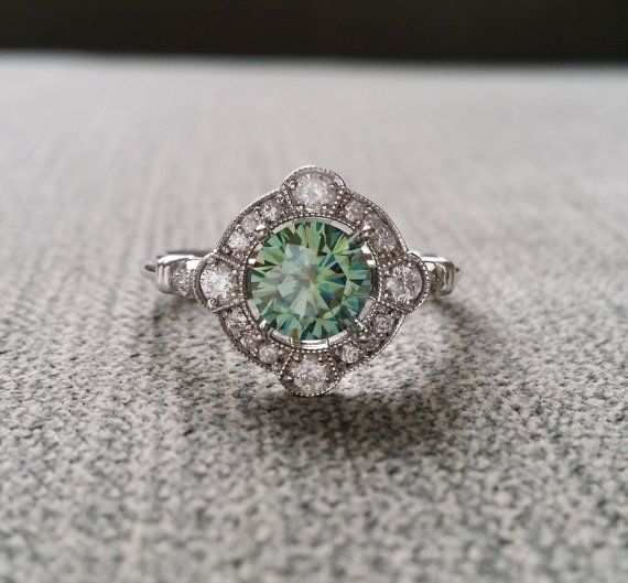 Mariage - Estate Halo Blue Green Moissanite Diamond Antique Engagement Ring Victorian Art Deco Mint Edwardian 14K White Gold "The Charlotte"