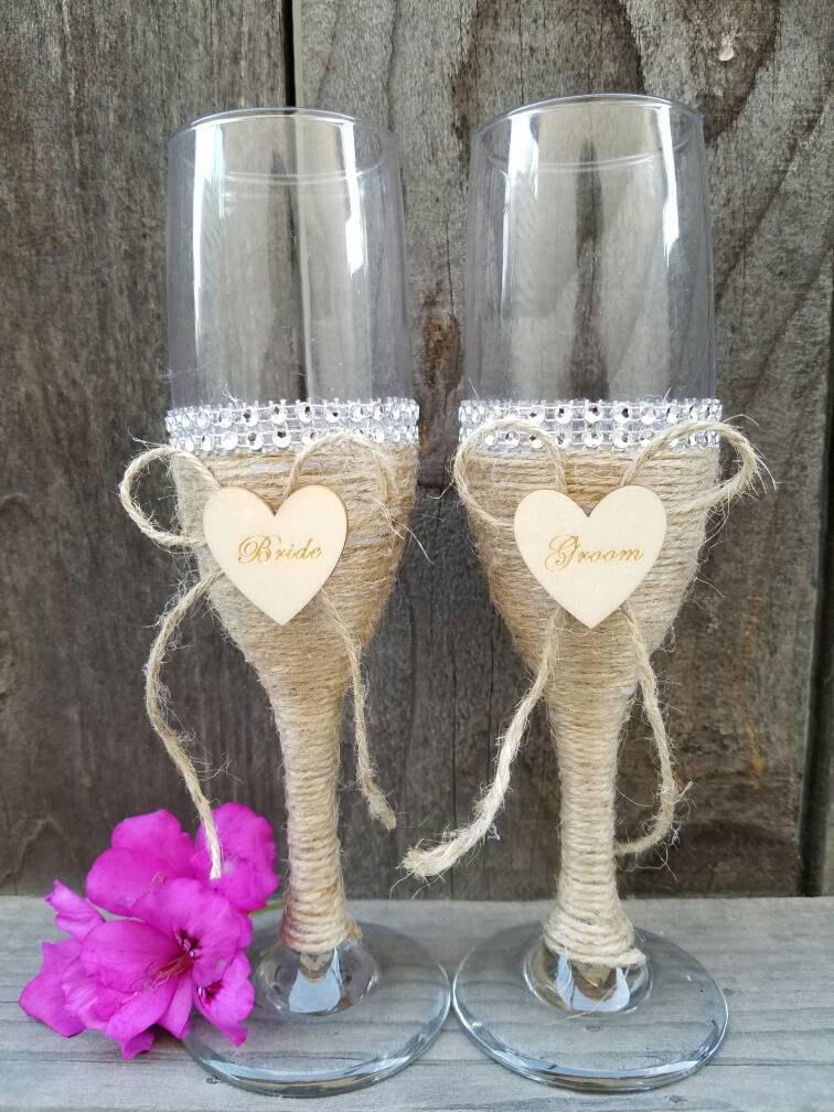 Mariage - Handmade Rustic Wedding Champagne Glasses for Groom and Bride 