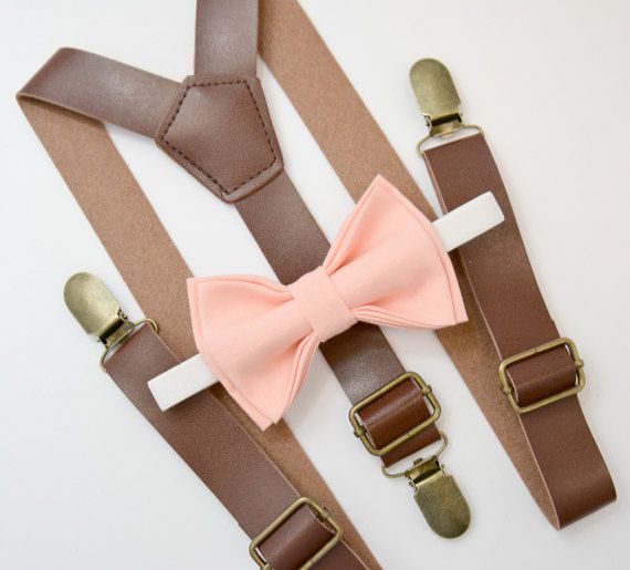 Hochzeit - Bow Tie & Suspenders SET / Peach Bow Tie Brown Faux Leather Suspenders Brass Clasps / Kids Mens Baby Wedding Set 6 Months - Adult