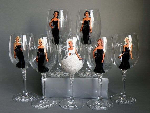 Свадьба - Bridal Party Wine Or Champagne Glasses Bridesmaids Gift - Personalized Caricatures Handpainted To Their Likeness