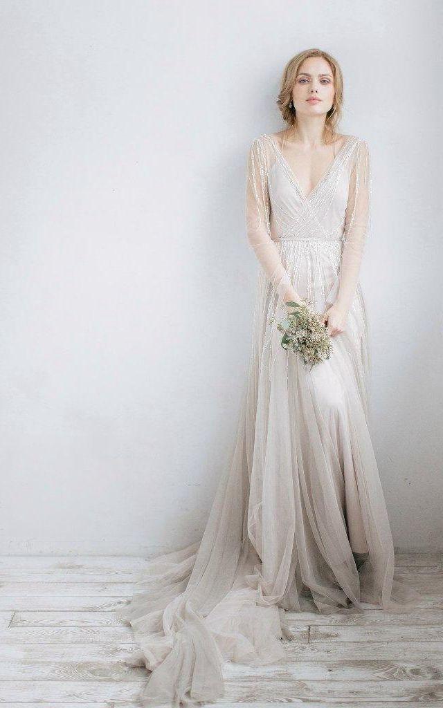 Wedding - Long Sleeve V-Neck Illusion Tulle Weddig Dress With Beading