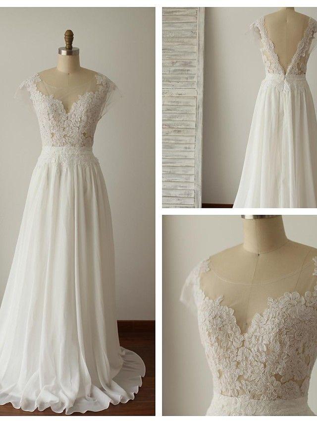 Hochzeit - A-line Plus Sizes / Petite Wedding Dress - Chic & Modern Open Back / See-Through Wedding Dresses Sweep / Brush Train Scoop Chiffon / Lace