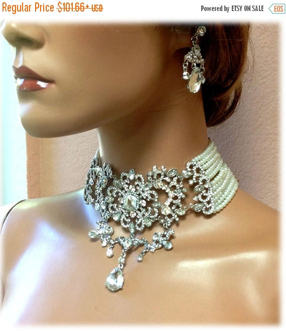 Wedding - Bridal jewelry, Bridal choker statement necklace earrings, vintage inspired Victorian pearl crystal necklace, Gothic wedding jewelry set