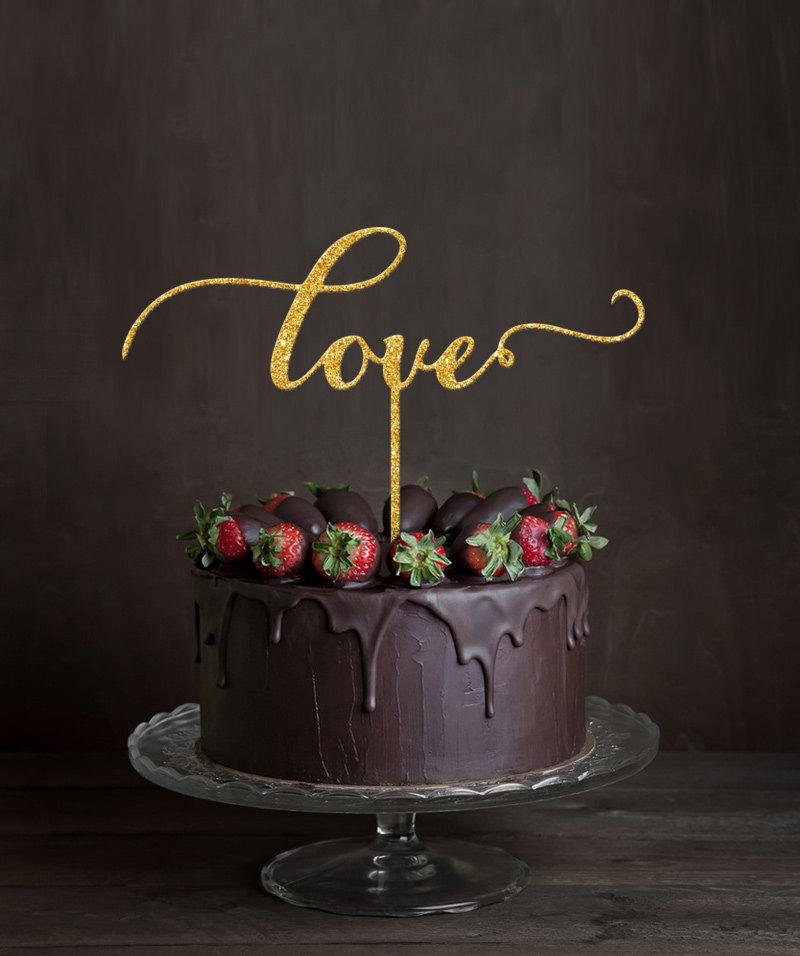 زفاف - Glitter Love Wedding Cake Topper 8" Elegant Cake Topper, Unique Wedding Cake Topper, Silver/ Gold Glitter Calligraphic Font