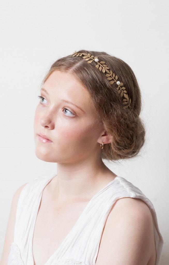 زفاف - Gold Wedding Circlet Hair Accessory -Gold-tone Bridal Crown with leaves and Pearls - Goddess Headpiece UK
