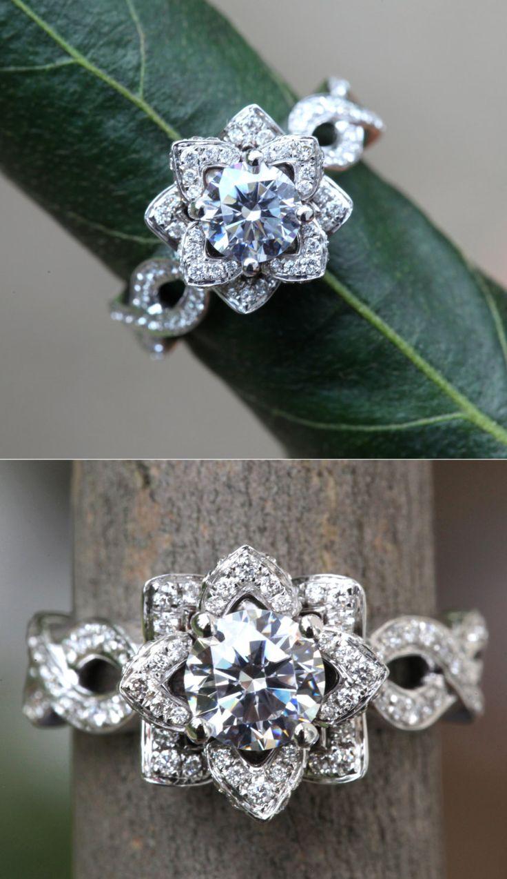 زفاف - EVER BLOOMING LOVE - 1.50 Ct Infinity Diamond Engagement Flower Ring - Ring On A Green Leaf - Rose - Lotus - Beautiful Petra Patented - FL06