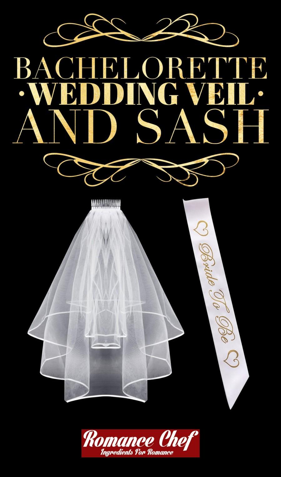 زفاف - Bachelorette Party Wedding Veil and White & Gold Bride To Be Sash, Also Perfect for Bridal Showers or as a Bridal Veil for Your Wedding