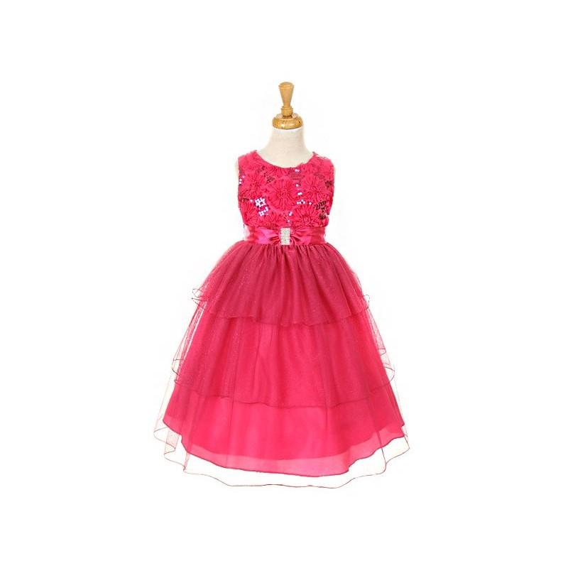 زفاف - Fuchsia Embroidered Mesh Flower & Sequins Bodice Dress w/ Layered Sparkle Mesh Skirt Style: D5717 - Charming Wedding Party Dresses