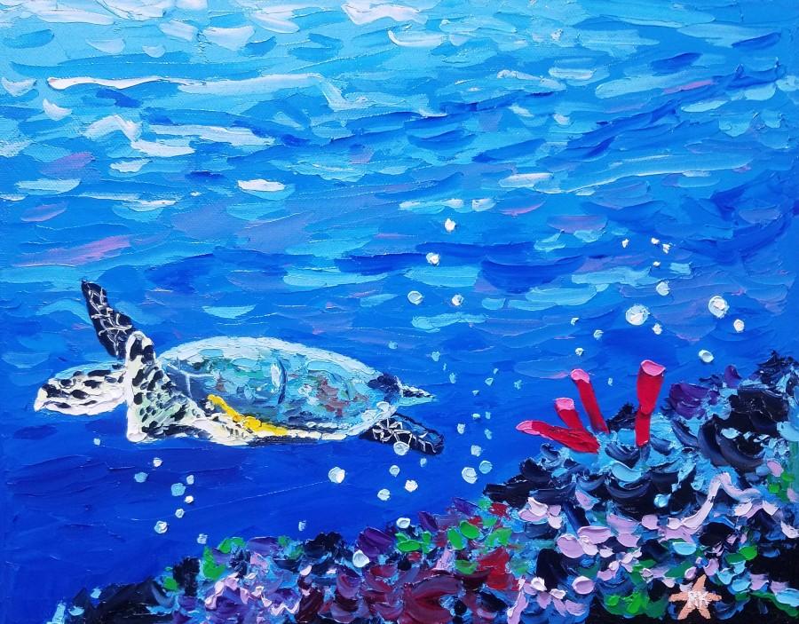 زفاف - Original Palette Knife Painting, Sea Turtle Underwater by Ryan Kimba, Marine Life, Fine Art on Canvas, Impressionistic, Textured Painting