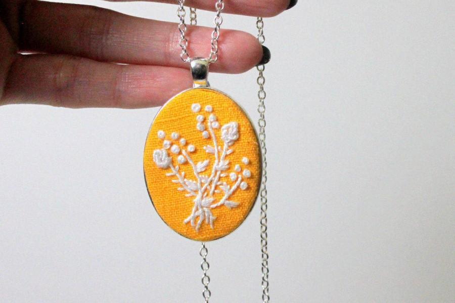 Mariage - Hand embroidered yellow floral necklace, flower bouquet pendant, embroidered jewelry, mother's day gift