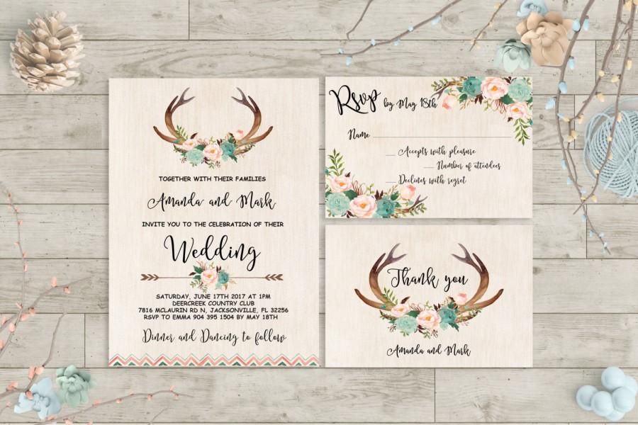 Mariage - Boho Wedding Invitation Printable Antlers Wedding Invitation Suite Floral Deer Wedding Invite Rustic Woodland Wedding Invitation Template