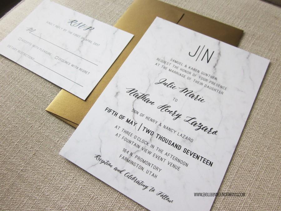 Marble And Gold Wedding Invitation // 5x7 // Monogram // Metallic