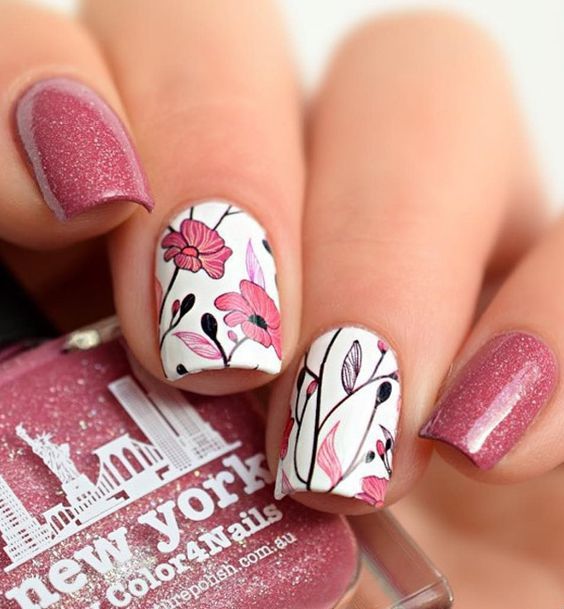 Hochzeit - Hot Pink Floral Nails