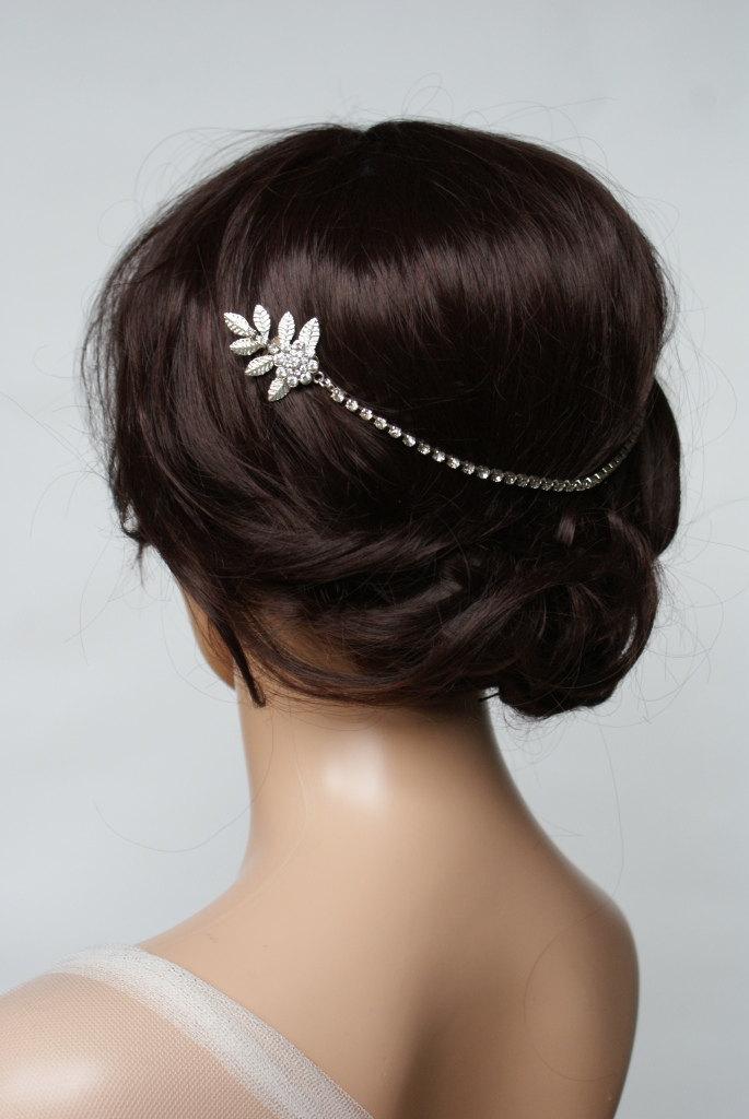 Hochzeit - Silver wedding Headpiece with leaves - bohemian bridal hair chain - Boho Hair Accessory - Silver wreath headpiece - Boho Wedding Dress