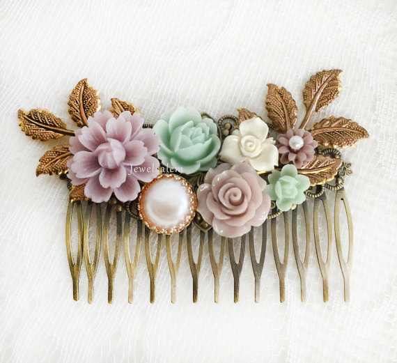 Свадьба - Mint Lilac Wedding Hair Comb Romantic Bridal Hair Slide Elegant Hair Pin Rustic Garden Wedding Hair Adornment Accessories