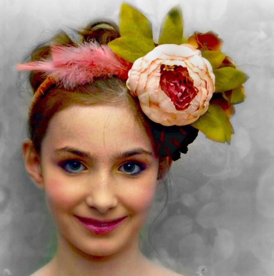 Wedding - Costume headdress. Woodland headband with mauve feather and flowers on sturdy plastic headband. Gift for her. Womans size.