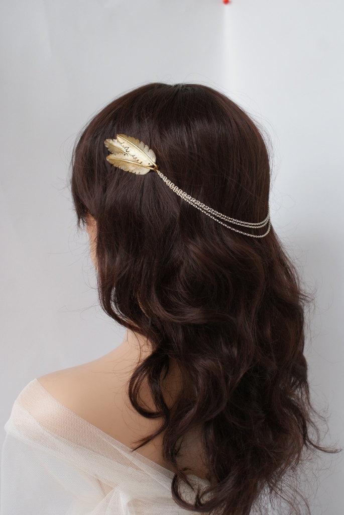 Свадьба - Bohemian Head Chain in Gold-tone -  Wedding Hair Accessory- Hair Jewellery -  Leaf Wedding circlet - Rose Red Rose White