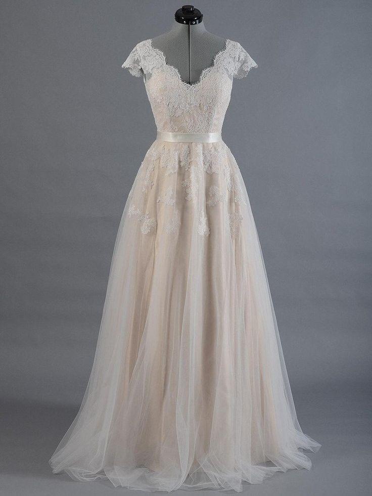 زفاف - Cap Sleeve V-Neck Lace Wedding Dress With Tulle Skirt And V-Back-ET_711631