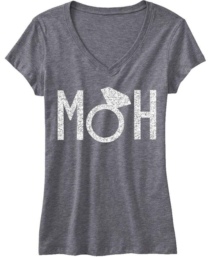 Wedding - MOH Maid Of Honor Shirt With Silver Glitter Print Gray V-Neck