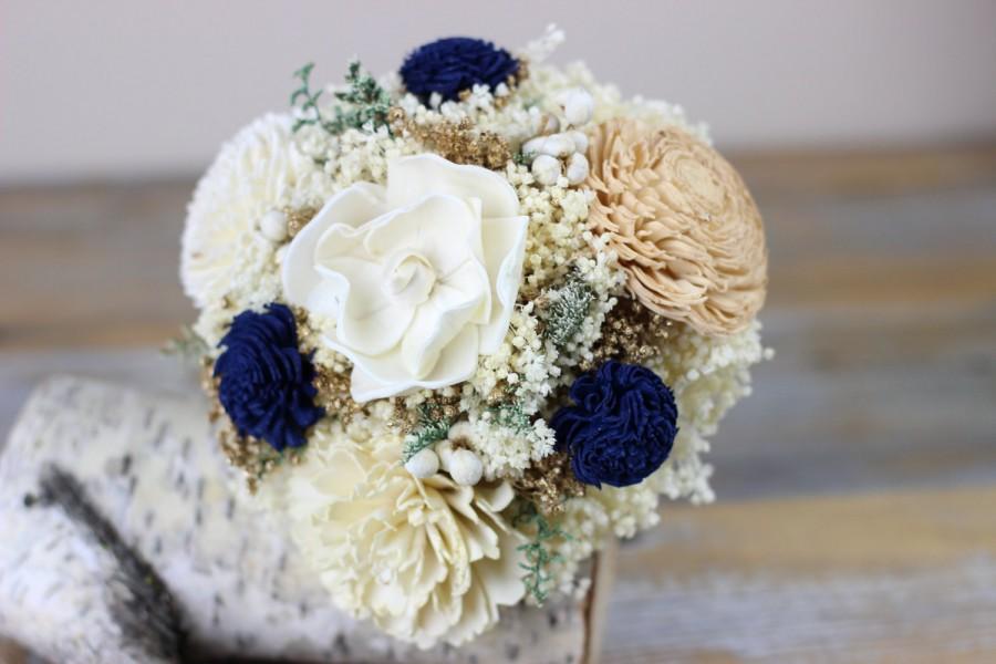 Hochzeit - Bridesmaids Bouquet, Tan Ivory Navy Sola Flowers Bouquet, Tallow Berries, Wedding Flowers, Handmade Alternative Flowers, Keepsake Flowers