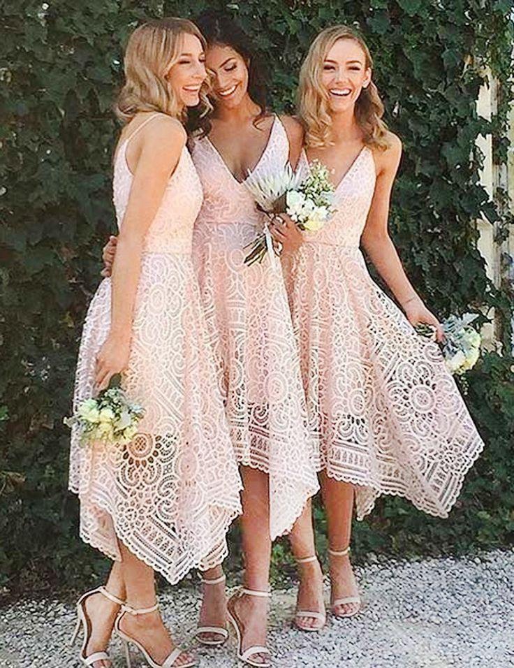 Свадьба - Asymmetrical V-neck Sleeveless Pink Lace Bridesmaid Prom Dress