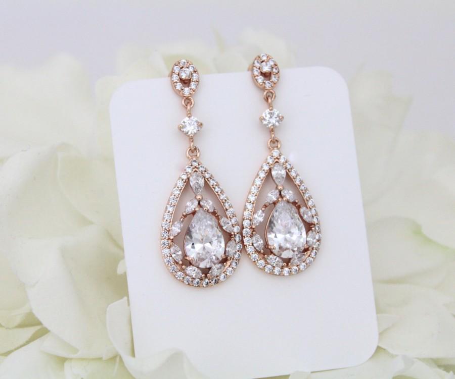 Wedding - Rose Gold earrings, Bridal earrings, Chandelier earrings, Art Deco earrings, Wedding jewelry, Teardrop earrings, Wedding earrings, Vintage