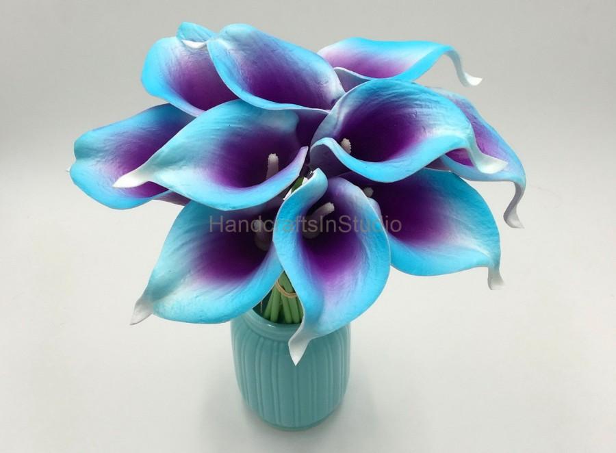 Wedding - Blue Purple Calla Lily Bouquet 10 Real Touch Calla Lilies Purple Blue Flowers For Bridal Bridesmaids Bouquets Corsages Wedding Centerpieces