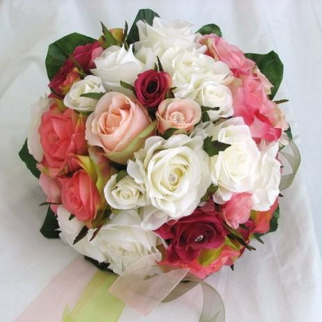 Wedding - Bride silk bouquet Pink, fuchsia, and white with touches of green Nosegay style  2 pc