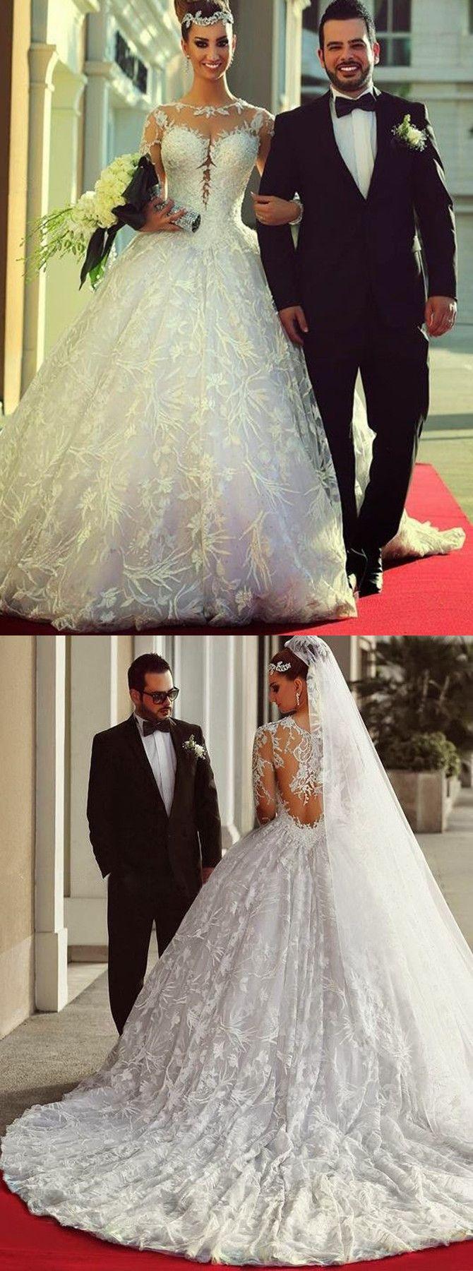 زفاف - High Quality Sweep Train Ball Gown Lace Wedding Dress With Illusion Back