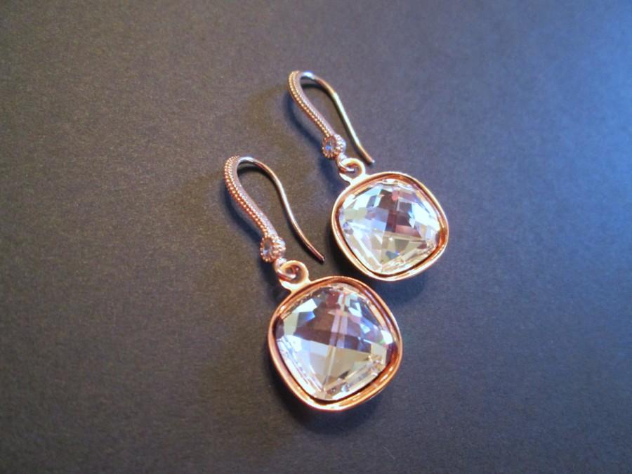 زفاف - NEW Rose Gold Bridesmaid Earrings/Rose Gold Swarovski Earrings/ Wedding Jewelry/ Clear Crystal Earrings/ Rose Gold Earrings/Bridal Party