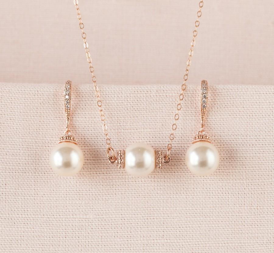 Mariage - Rose gold Bridal Jewelry,  Swarovski Pearl Wedding jewelry,  Simple Pearl , Sterling Silver, Rose Gold, Bridesmaid Jewelry, Mila Jewelry SET