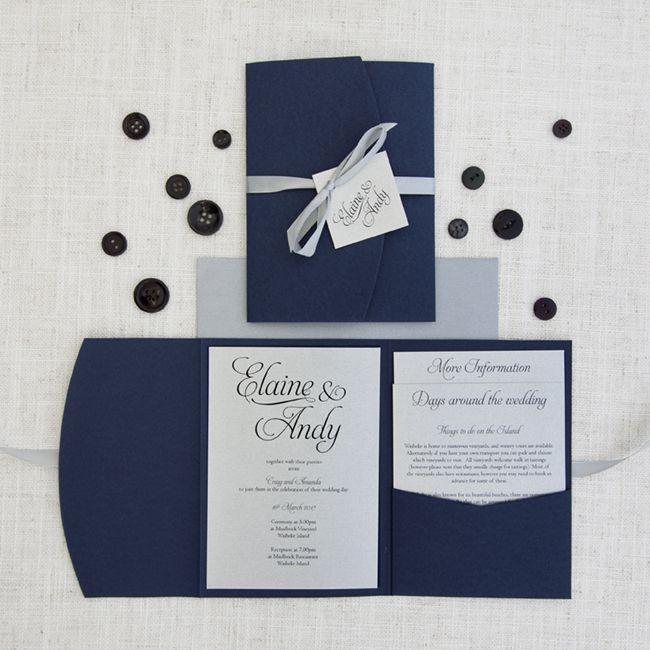 Hochzeit - Navy Blue & Silver Pocketfold Wedding Invitation