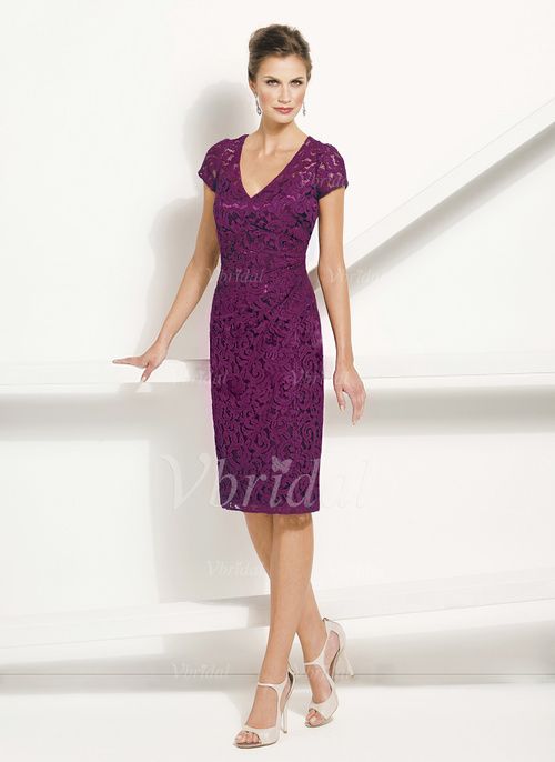 Свадьба - [ 142.09] Sheath/Column V-neck Knee-Length Satin Mother Of The Bride Dress With Ruffle Appliques Lace (0085057347)