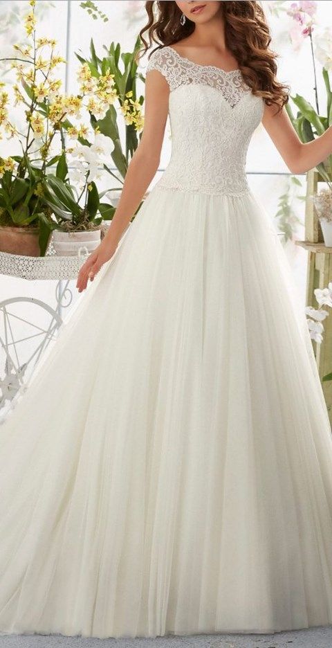 Свадьба - Simple Long A-Line Cap Sleeve Train Lace Wedding Dress
