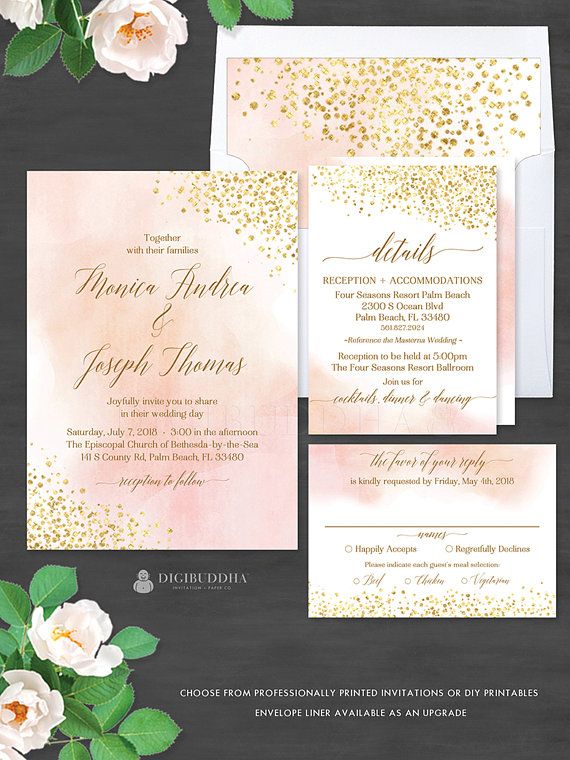 Свадьба - Blush Watercolor   Gold Foil 3Pc WEDDING SUITE Invitation Set Elegant Wedding Invitation Suite Watercolor Wedding Invites RSVP Set - Monica