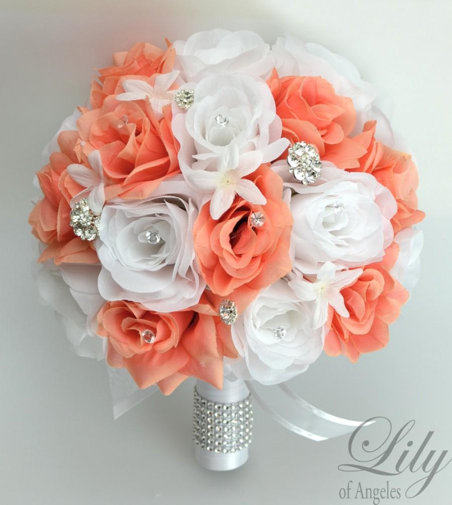 Wedding - 17 Piece Package Wedding Bridal Bouquet Silk Flowers Bouquets Artificial Bride CORAL WHITE JEWELS Faux Diamonds "Lily of Angeles" COWT01