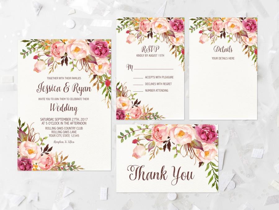 Hochzeit - Bohemian Floral Wedding Invitation Printable Pink Floral Wedding Invitation Suite Boho Floral Wedding Invite Rose Wedding Invitation 265