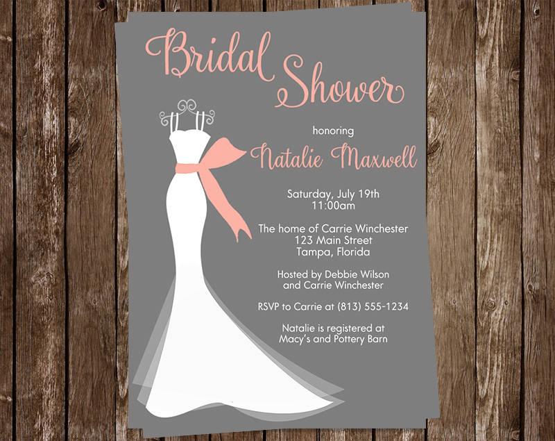 Hochzeit - Bridal Shower Invitations, Wedding Dress, Coral, Gray, White Gown, Set of 10 Printed Cards, FREE Shipping, ELGCO, Elegant Gown Coral