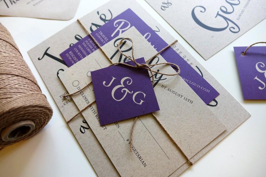 Свадьба - Rustic Wedding Invitation Set, Purple Wedding Invite, Kraft Wedding Invitation with Twine and Tag, Modern Script Invitation Suite, Plum