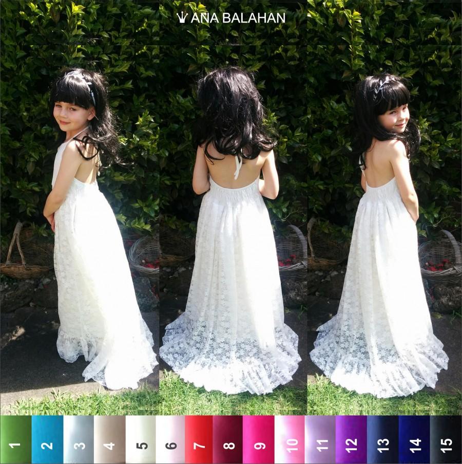 Wedding - Flower girl dress - IVORY, Train dress, Floor length maxi dress, Wedding dress flower girl, Junior Bridesmaid, Lace Dress, 42 sash colors