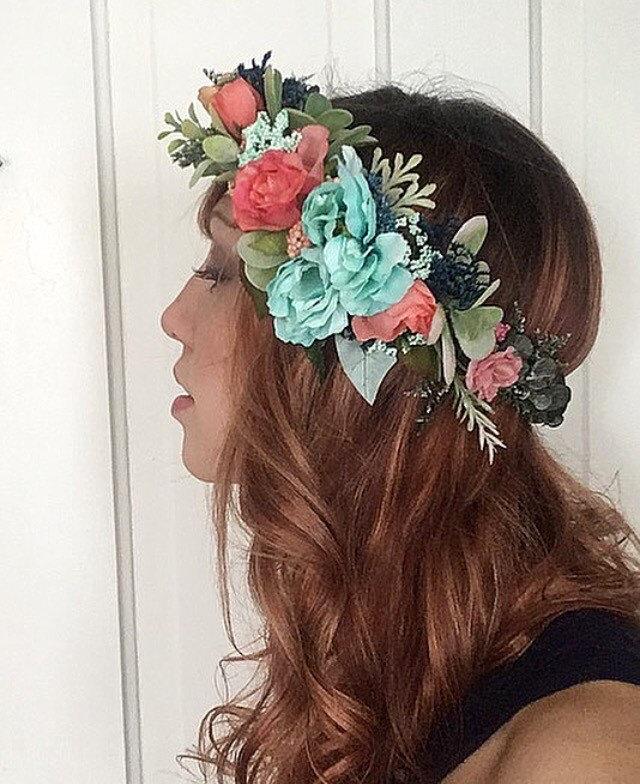 Wedding - Rustic Flower Crown Boho Teal Pink <<The Catalina>> // Ready to ship Eucalyptus Crown