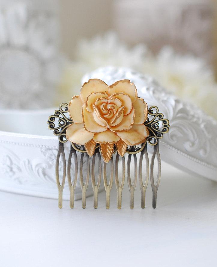Hochzeit - Wedding Bridal Ivory Rose Filigree Hair Comb, Vintage Style Ivory Wedding Hair Accessory, Shabby Chic, French Country, Bridesmaid Gift