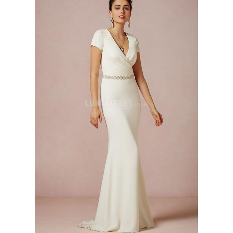 Mariage - Concise Floor Length Sheath/ Column V Neck Chiffon Wedding Gowns With Sash/ Ribbon - Compelling Wedding Dresses