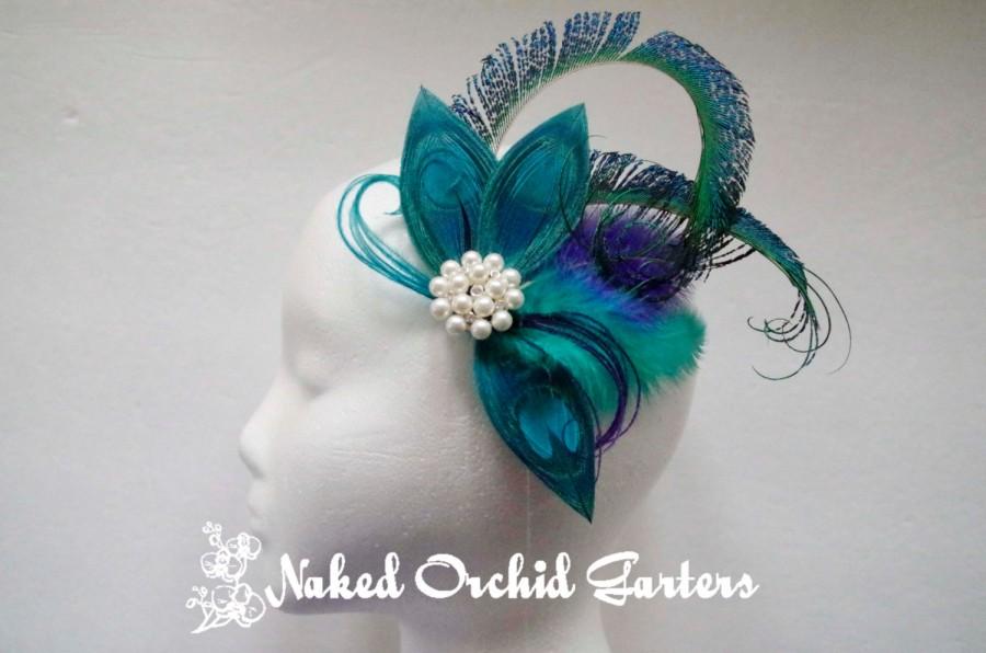 Mariage - Teal & Regency Purple Peacock Bridal Fascinator, Teal Feather Wedding Head Piece w/ Pearls, French Veil, Kentucky Derby, Royal Ascot
