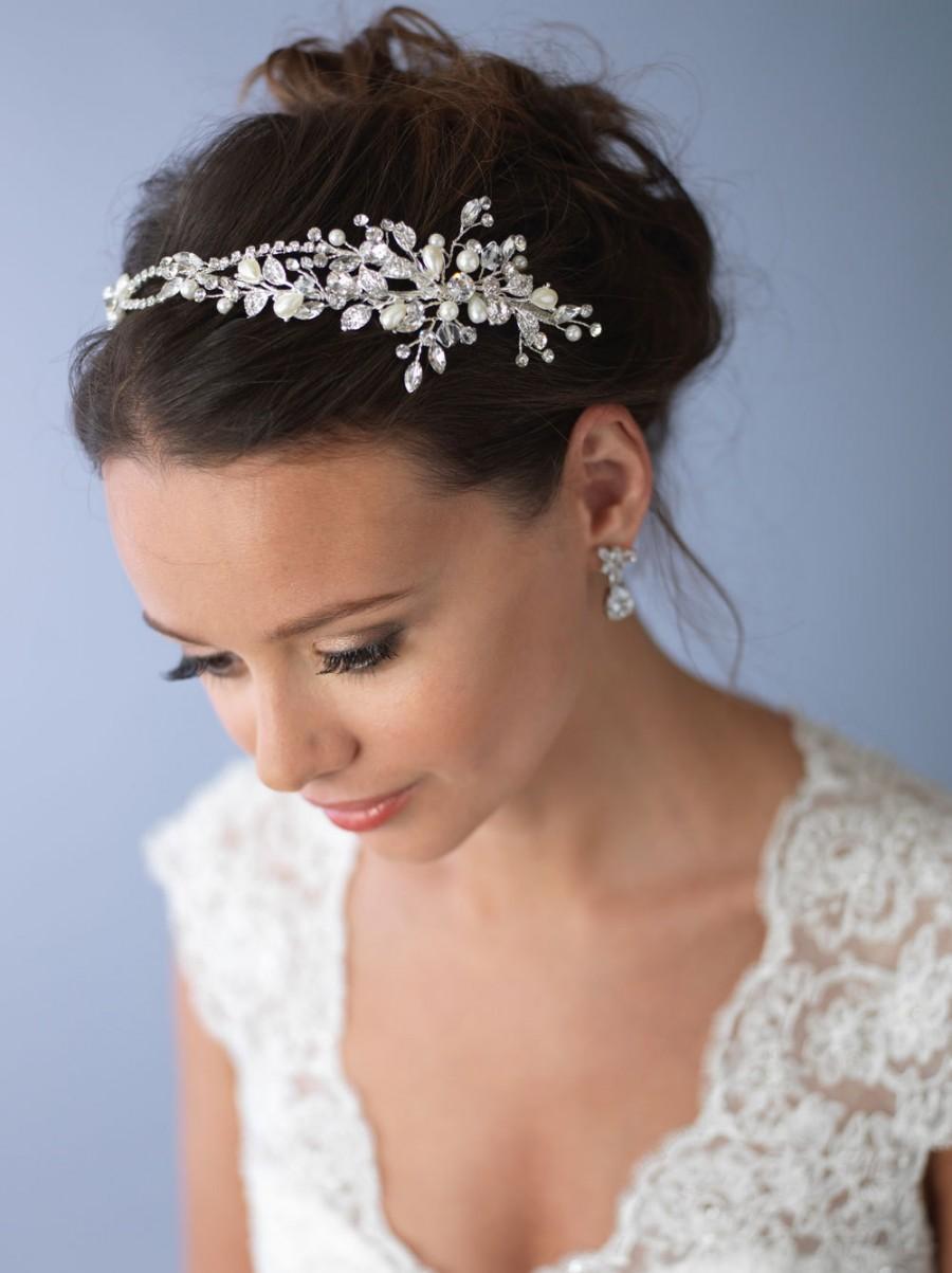 Hochzeit - Pearl & Crystal Bridal Headband, Side Wedding Headpiece, Silver Floral Bridal Headband, Wedding Headband, Floral Hair Accessory ~TI-3268