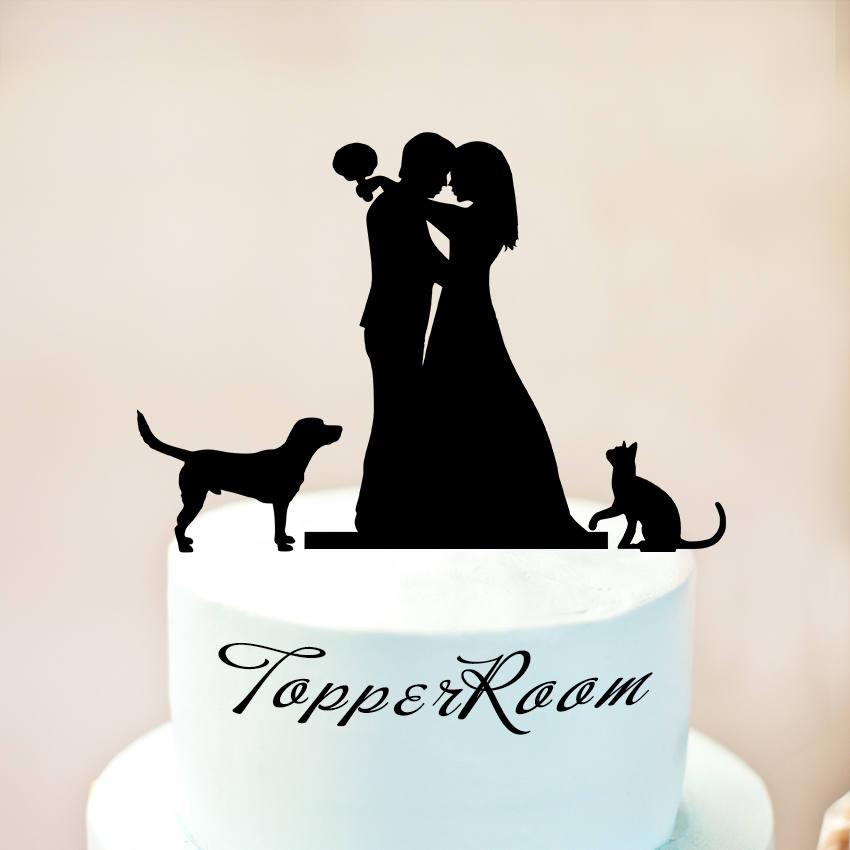 Wedding - Wedding cake topper with cat and dog,cake topper + cat and dog,cat cake topper,silhouette cake topper for wedding,dog cake topper (1041)