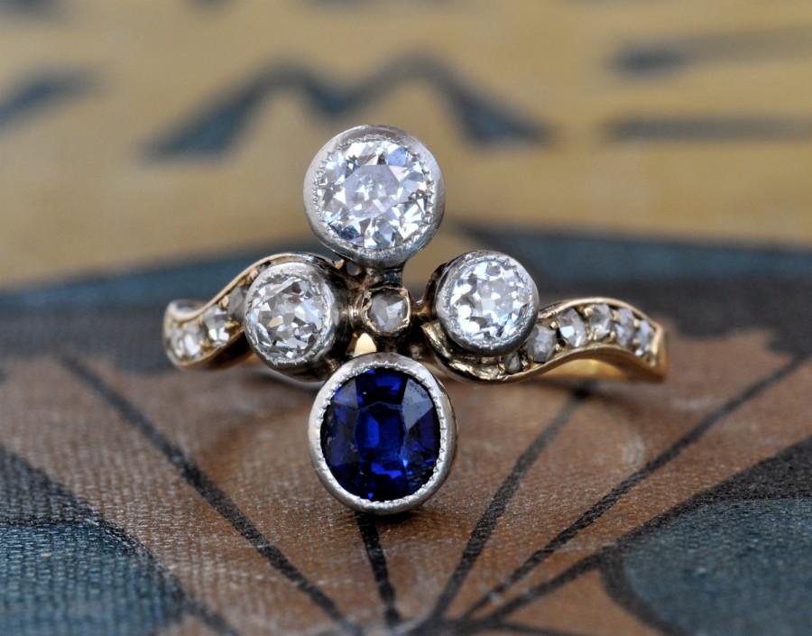 زفاف - Art Deco Engagement Ring-Edwardian Engagement Ring-Diamond Sapphire Ring-Unique Engagement Ring-Blue Sapphire Ring-1920s Engagement Ring