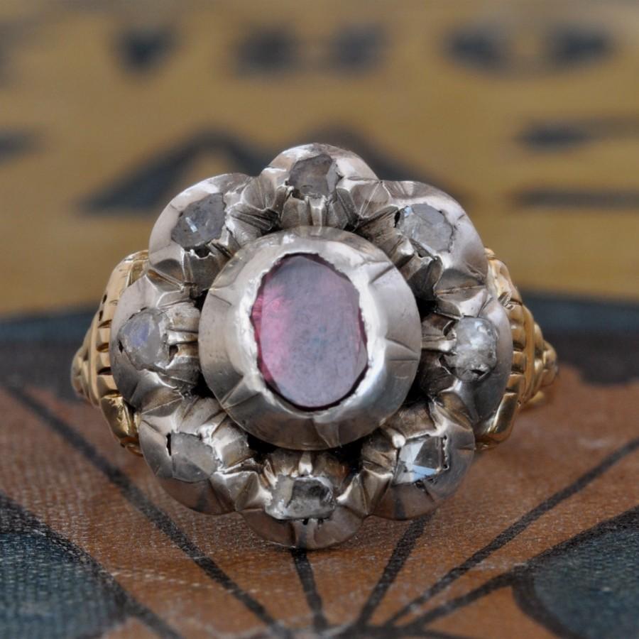 زفاف - Antique Georgian Ring-Antique Victorian Garnet Ring-Unique Engagement Ring-Vintage Garnet Diamond Ring-Diamond Cluster Ring-1800s diamond