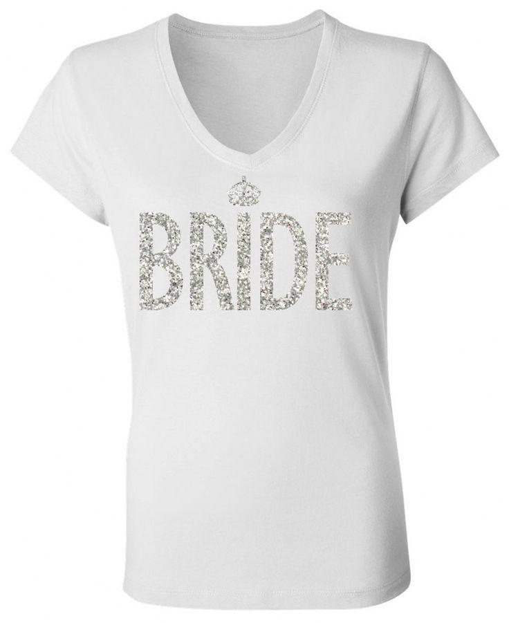 زفاف - Bride White V-neck With Silver Glitter Print
