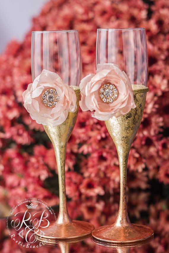 زفاف - Gold & Blush Pink, Wedding Champagne Flutes, Bride And Groom, Ombre Wedding, Flowers, Flower, Toasting Glasses, Barn, Cottage, 2pcs
